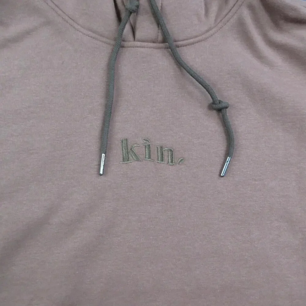 Kin. Hoodie Mens L Brown Pullover Hooded Pockets Satin Lined Embroidered NWT